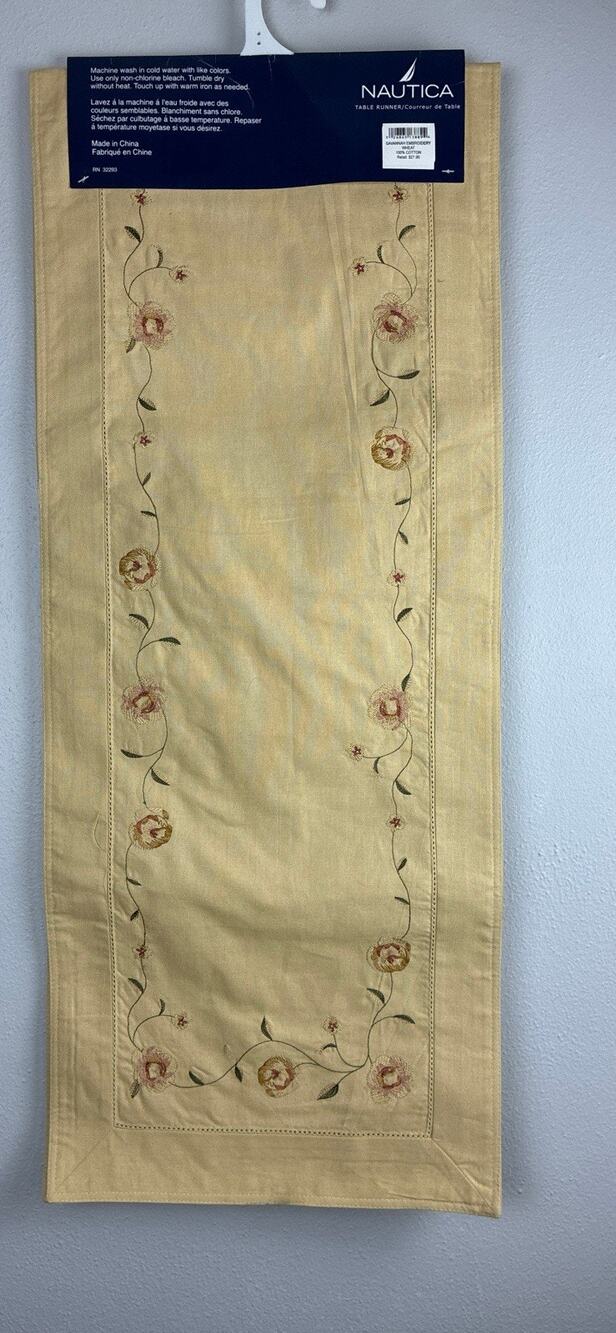 New Nautica 70” Table Runner Tan Cotton Embroidered Red Floral Versatile Country